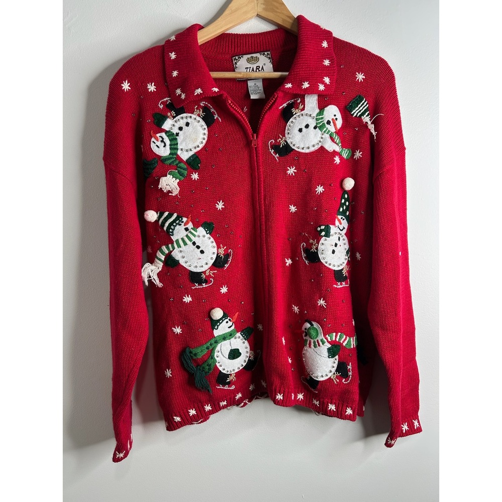 Vintage Tiara International Cardigan‎ L Christmas Snowman Novelty Zip Up Festive